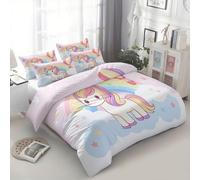 Housse De Couette 240 X 220 Cm Fantaisie Cartoon Licorne Nuage Arc En Ciel Microfibre Parure De Lit Rose, Pour Garçons Adulte, Réversible Parure Housse Couette 2 Personnes + 2 Taie D'Oreiller