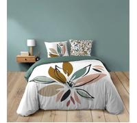 Housse de couette 240 x 220 cm OCTAVIA - 100% coton 42 fils + 2 taies - motif floral vert réversible