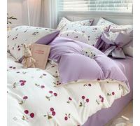 Housse de Couette 240 x 260 Cerises Et Fleurs Parure de Lit Adulte Microfibre Ultra-Doux Housses de Couettes avec Fermeture Eclaire - Inclure 2 Taies(50X75Cm)