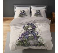 Housse de Couette 240 x 260 cm Adulte et Enfant Squelette Illustration Tablette de pierre , Parure de Lit en Microfibre Douce Violet, Set de Literie Réversible avec Fermeture Éclair et Taie(s)