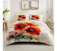 Housse De Couette 240 x 260 cm Couette Imprimée décor pour Aquarelle de Coquelicots Rouges Housse Couette Ado GarçOn Et Fille Parure De Lit Et 65x65 Taie d'oreiller Blanc