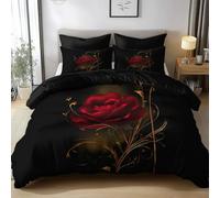 Housse de Couette 240 x 260 cm en Microfibre Ultra Douce, Fleur De Rose Fantaisie À Texture Dorée Parure de Lit Adulte 2 Personnes avec Fermeture Éclair + 2 Taies d’Oreiller, Noir