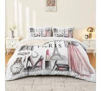 Housse de Couette 240 x 260 cm Mode Romantique Tour Eiffel Accessoire， Multicolore Illustration Française Style, Microfibre Douce 2 Taies 65 x 65 cm Fermeture Éclair pour garçons Adolescents