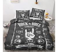 Housse de Couette 240 x 260 cm Musique, Parure de Lit 2 Personnes Imprimée Rock & Roll Reversible, (2 x Taies d'oreiller 65x65 cm, 120GSM Microfibre, Fermeture éclair)
