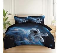 Housse de Couette 240 x 260 cm Noir, 2 Taie d'oreiller 65x65cm, Parure de Lit de Motif Astronaute Fantastique Terre Réversible pour 2 Personnes en Microfibre Fermeture Éclair
