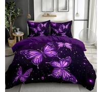 Housse de Couette 240 x 260 cm Parure de Lit 3D Imprimés Papillon à Paillettes de Dessin animé Housse de Couette - Décor de Chambre Violet avec Fermeture À Glissière 3Pcs Housses De Couettes
