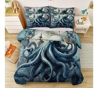 Housse de Couette 240 x 260 cm pour Fille Garcon, Parure de Lit Réversibles Bleu Foncé, Mystère Navigation Animaux Marins Pieuvre imprimé Housse de Couette réversible Douce avec Fermeture éclair
