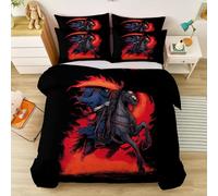 Housse de Couette 240 x 260 cm Squelette Chevalier Destrier Faux avec Taie d'oreiller, Parure de Lit en Microfibre Illustration Fantastique pour Filles Garçons, Noir Rouge