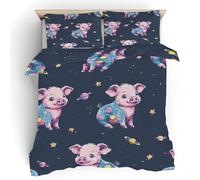 Housse de Couette 240 x 260 Cochon Mignon Imprimé, Parure de lit Planète Étoile Réversible Microfibre avec Fermeture Éclair, 2 Personnes, Ensemble de Literie 3 Pièces et 2 Taies d'oreiller B122C
