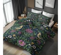 Housse de Couette 240 x 260 Fleurs William Morris 2 Personnes, Parure de Lit Reversible Imprimé Oiseaux Fleurie Botanique Vintage, Microfibre, 2 Taies d'oreiller 65x65, avec Fermeture Éclair AD639