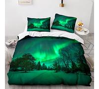 Housse de Couette 240 x 260 GrüNe Aurora Borealis 110g/㎡ Microfibre Parure de Lit 240 x 260 + 2 Taies d'oreiller 65x65 cm pour Hommes Mûrs Femmes Literie Housse de Couette Fermeture éclair