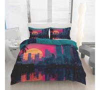 Housse de Couette 240 x 260 Horizon de la Ville Imprimé, Parure de lit Coucher de Soleil Néon Réversible Microfibre avec Fermeture Éclair, Ensemble de Literie 3 Pièces et 2 Taies d'oreiller P208z