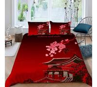 Housse de Couette 240 x 260 Japonais Parure de Lit 2 Personnes Fleur de Cerisier Imprimée 3D Microfibre Douce Rouge Housse Couette Réversible avec 2 Taies d'oreiller b593