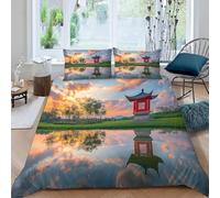 Housse de Couette 240 x 260 Lac Parure de Lit 2 Personnes Couchers de Soleil 3 Pièces Housse Couette en Microfibre Douce Imprimé 3D avec 2 Taies d'oreiller 65x65 cm d-1170