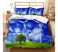 Housse de Couette 240 x 260 Moulin à Vent Parure de Lit 2 Personnes 3D Herbe Verte Ensemble de Literie en Microfibre avec Fermeture Éclair et 2 Taies d'oreiller 65x65 cm B-2842