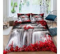Housse de Couette 240 x 260 Paysage d'automne Parure de Lit 2 Personnes 3D Feuilles Rouges Ensemble de Literie en Microfibre avec Fermeture Éclair et 2 Taies d'oreiller 65x65 cm B-987