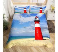 Housse de Couette 240 x 260 Phare Parure de Lit 2 Personnes Paysage de Bord de Mer 3 Pièces en Microfibre Douce Impression 3D avec 2 Taies Oreiller 65x65 cm b-1125