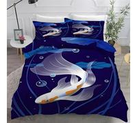 Housse de Couette 240 X 260 Poisson Blanc et Jaune, Feuilles de Lotus Bleues Parure de Lit, Housse Couette 3 Pièces en Microfibre, Fermeture Zippée (Comprenant Deux Taies D'oreiller, 65x65 cm) AN510