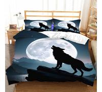 Housse de Couette 240 x 260 Wolf Lune et Loup Parure de Lit 2 Personnes Microfibre pour Adulte Ado Enfant avec Fermeture Éclair et 2 Taies d'oreiller