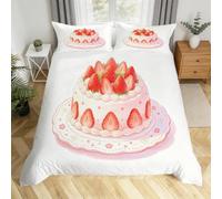 Housse de Couette 240x220 cm Gâteau Aux Fraises Parure de Lit 240x220 3D Imprimée Linge de Lit Desserts Délicieux Housse Couette avec Fermeture et 2 x 65x65 cm Taies d'oreiller H.1993