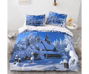 Housse de Couette 240x220 cm Maison Parure de Lit 240x220 3D Imprimée Linge de Lit Paysage d'hiver Housse Couette avec Fermeture et 2 x 65x65 cm Taies d'oreiller E.1883