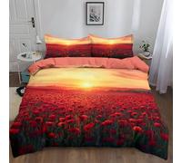 Housse de Couette 240x220 cm Paysage nature coucher soleil coquelicot - Parure de Lit 2 Personnes Adulte Réversible avec Fermeture Éclair, Housse de Couette Rose corail et 2 Taies d'oreiller 65x65 cm