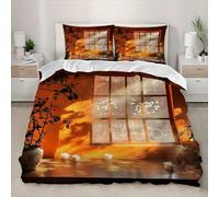 Housse de Couette 240x220 cm Style Chinois Parure de Lit 2 Personne Microfibre Douce Confortabl Orange Ensemble de literie pour Ado Enfants