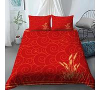 Housse de Couette 240x220 épis de Blé Parure de Lit 2 Personnes Style Chinois Rouge 3D Imprimée Literie Set House Couette Microfibre pièces et 2 Taies Oreiller pour Adulte K.1721