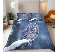 Housse de Couette 240x260 cm + 2 Taies d'oreillers 50x75 Ensemble de Literie 3D Chouette sur une branche Neige Motif Microfibre Parure de lit 240x260 Set Avec Fermeture éclair et Attaches de Coin