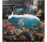 Housse de Couette 240x260 cm Bébé Hippocampe 3D Imprimé Parures de Lit sous-Marin Douceur Microfibre 2 Personnes Literie avec Fermeture Éclair et Taie d'oreiller 65x65 cm e-485