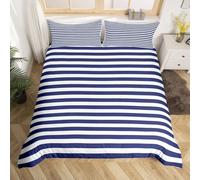 Housse de Couette 240x260 cm Bleu Marine à Rayures Blanches Motif Imprimés Parure de Lit 2 Personne Literie De 100% Microfibre Parure Couette avec Fermetures éclair + 2 Taie d'oreiller 65x65 cm
