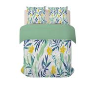 Housse de Couette 240x260 cm Feuilles vert clair avec fleurs jaunes Parure de Lit 2 Personnes en Respirable avec Fermeture Éclair Feuilles fraîches Housse Couette Imprimée et Taie d’Oreiller H-69