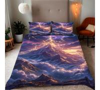 Housse de Couette 240x260 cm Nuages Éclairs Montagne enneigée Parure de Lit Motif 3D Sets De Housse Couette Et 2 Taies d'oreiller 65x65cm，AI Motifs Couvre-lit Doux et Respirant#YR9