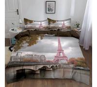 Housse de Couette 240x260 cm Paysage Tour Rose Parure de Lit Blanc | Linge de Lit Nostalgique avec 2 Taies 65x65 cm Ciel Gris, Microfibre Infroissable Douce avec Zip, Entretien Facile