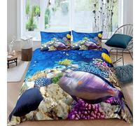 Housse de Couette 240x260 cm Poisson sous-Marin 3D Imprimé Parures de Lit Créatures Mignonnes Douceur Microfibre 2 Personnes Literie avec Fermeture Éclair et Taie d'oreiller 65x65 cm e-239