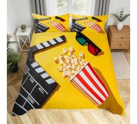 Housse de Couette 240x260 cm Pop-Corn et Lunettes de Soleil Parure de Lit 240x260 3D Imprimée Linge de Lit Thème Cinéma Housse Couette avec Fermeture et 2 x 65x65 cm Taies d'oreiller I.335