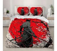 Housse de Couette 240x260 cm Samouraïs Japonais 3D Imprimé Parures de Lit Soleil Rouge Douceur Microfibre 2 Personnes Literie avec Fermeture Éclair et Taie d'oreiller 65x65 cm j-461