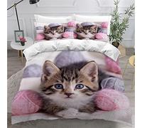 Housse de Couette 240x260 Enfant Chat 3D Imprimé Fille Parure de lit 2 Personnes Mignon 3 Pièces Confortable Doux Microfibre avec Fermeture Éclair Literie et 2 Taie d'oreiller