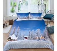 Housse de Couette 240x260 Igloos et Arbres Enneigés Microfibre Douce Parures de Lit 2 Personnes Imprimé 3D Paysage d'hiver Housses Couette avec 2 Taies d'oreiller et Fermeture Éclair g.6006