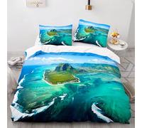 Housse de Couette 240x260 île Parures de Lit Adultes 3D Imprimée Literie Set 3 Pièces Bleu Microfibre Housse Couette 2 Personne avec 2 Taie d'oreiller F.342