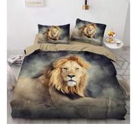 Housse de Couette 240x260 Lions Parure de Lit Animaux des Prairies Ultra Doux Respirante Microfibre Literie Set 2 Personnes avec Fermeture Éclair avec 2 Taies d'oreiller C.1463