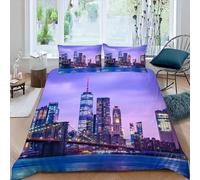 Housse de Couette 240x260 New York Parure de Lit Ville Moderne Ultra Doux Respirante Microfibre Literie Set 2 Personnes avec Fermeture Éclair avec 2 Taies d'oreiller R.1199