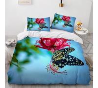 Housse de Couette 240x260 Papillons Fleuris 3D Imprimé Parure de Lit 2 Personnes Fleurs Roses 3 Pièces Doux Microfibre avec Fermeture Éclair et 2 Taies d'oreiller 65x65 cm n.1427