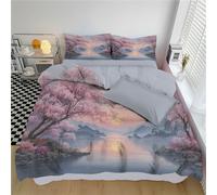 Housse de Couette 240x260cm avec 2 Taie Oreillers 65x65 cm - Pêchers Sur Les Berges De La Rivière - Parure de Lit Style Chinois Linge de Lit Douce pour 2 Personnes avec Fermeture Éclair, Rose