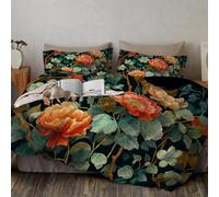 Housse de Couette 240x260cm Fleurs aquarelles Parure de Housse de Couette avec Fleurs et Feuilles De Rêve Et Nuages Blancs Parure de Lit pour 2 Personnes avec 2 Taie d'oreiller, Couleur Orange