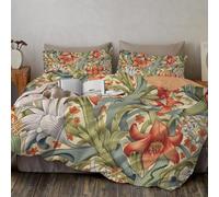 Housse de Couette 240x260cm Fleurs élégantes Parure de Housse de Couette avec Feuilles de lys De Rêve Et Nuages Blancs Parure de Lit pour 2 Personnes avec 2 Taie d'oreiller 65x65 cm, Orange-Vert