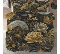 Housse de Couette 240x260cm Lotus Doré Éventail Parure de Lit Réversible 2 Personnes Fleurs Luxe Microfibre avec Fermeture Éclair, Ultra Doux Ensemble De Literie avec 2 Taies d'oreiller 65x65cm