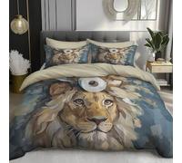 Housse de Couette 240x260cm Portraits d'animaux Lion avec du Papier Toilette sur la tête Fermeture Éclair - 3 Pièces en Microfibre Linge de Lit 2 Personnes Adulte avec 2 Taies d'oreillerjaune Bleu