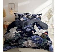 Housse de Couette 260 x 220 cm, Vintage éLéGant Oiseaux Fleurs ChrysanthèMes Motifs Parure de Lit 2 Personnes - Gris Imprimée Parure d avec Fermeture Éclair Douce légère et Facile d'entretien