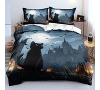Housse de Couette 260x240 Chats Noirs,Imprimé Château Hanté,Parure de Lit 260x240 Halloween avec Taie D'Oreiller,Décoration de Noël,Parure de Lit 260x240 Chauves-Souris et Lune pour Garçons,Fil
